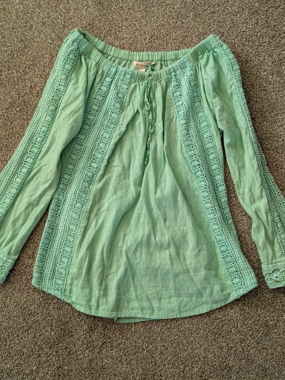 Sundance Peasant Blouse with Crochet Details in Mint Green